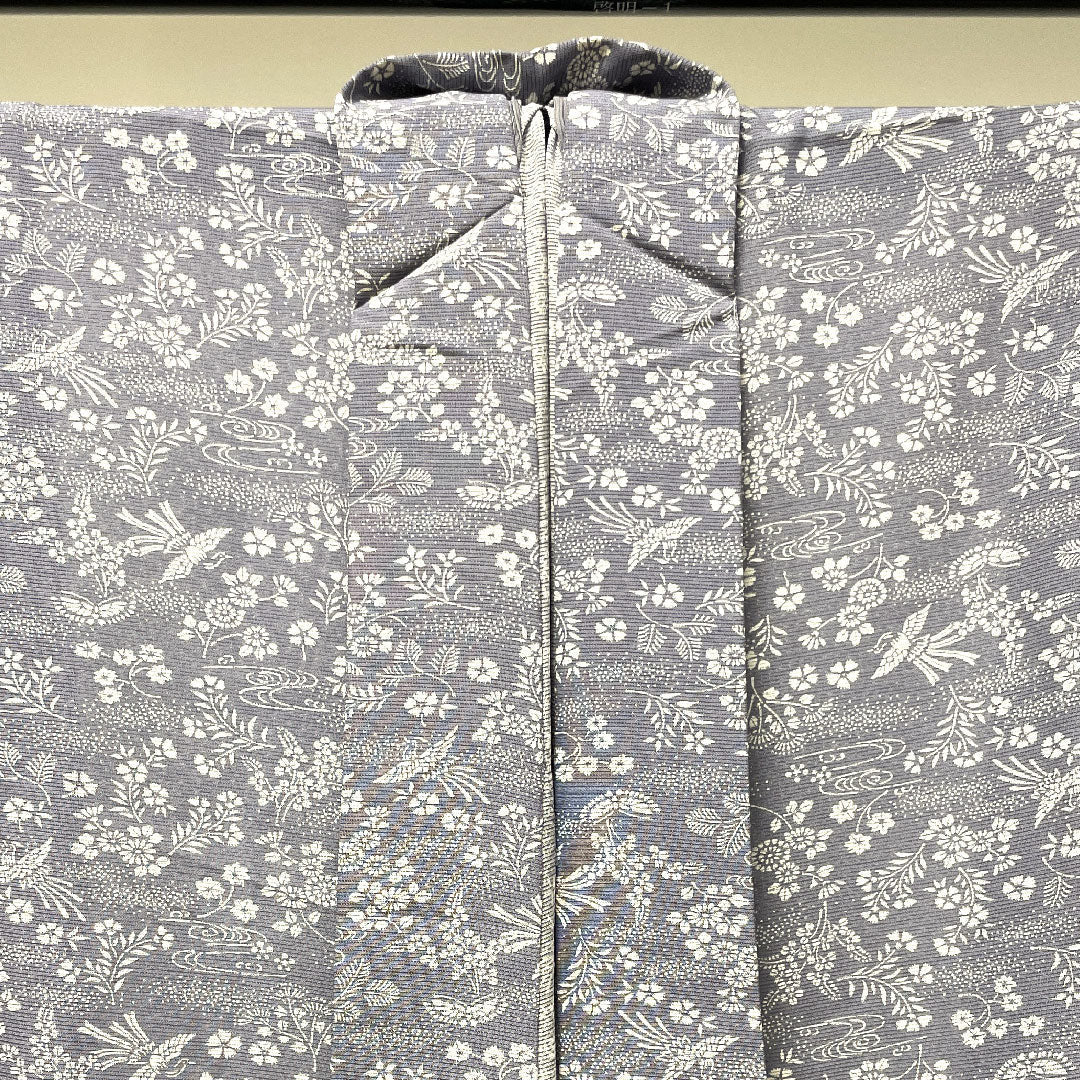 夏物 正絹 小紋 身丈155.5cm 裄丈64cm 相思鼠色（そうしねずいろ） 吉祥文様 鳳凰 菊 絽 Sランク グレー系 1132001832322