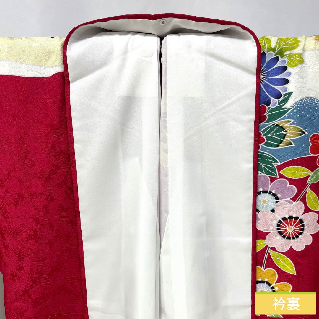振袖 正絹 Sランク 身丈166.5cm 裄丈65.5cm 袷 真紅色（しんくいろ） 吉祥文様 牡丹 菊 梅 桜 赤系 1113002212512