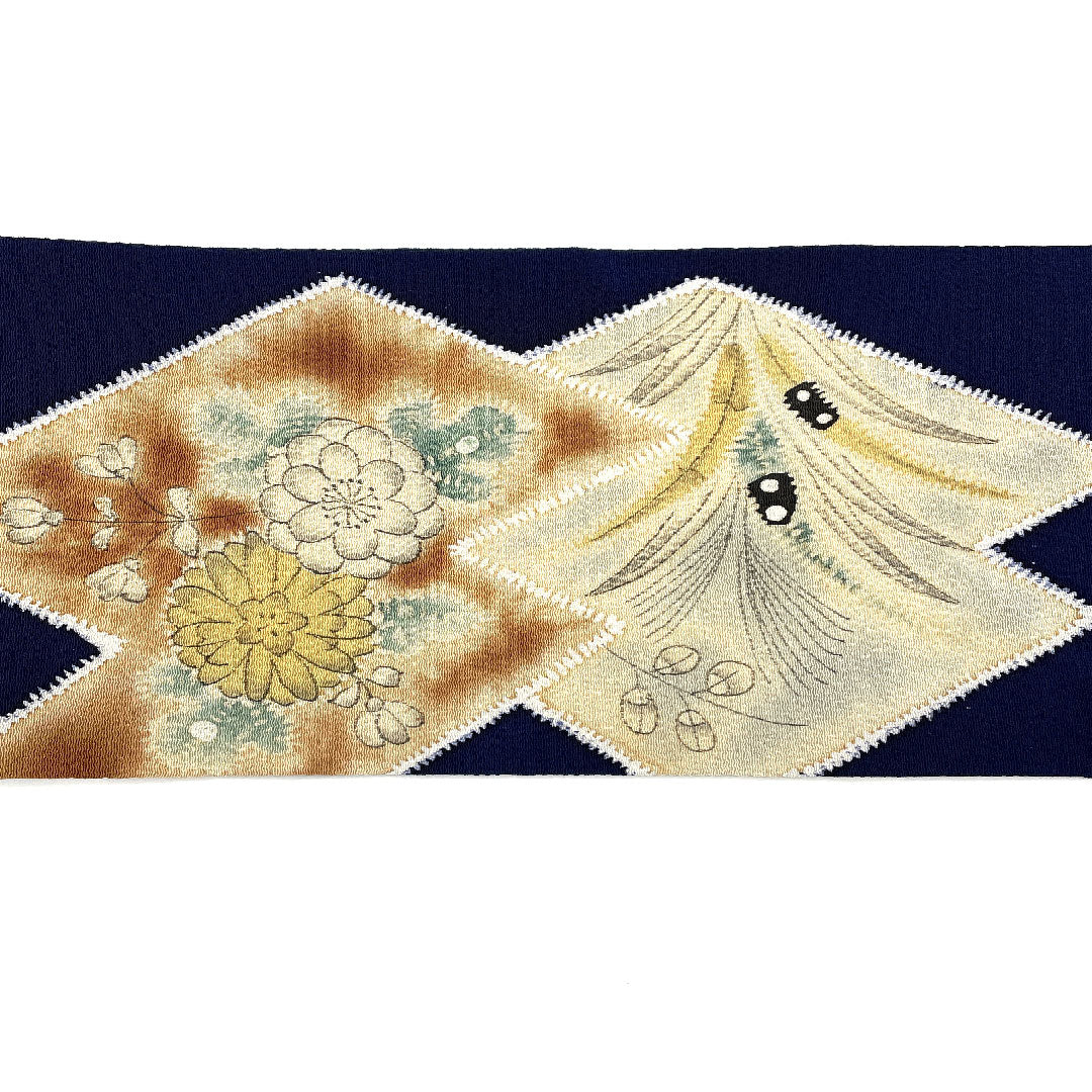 名古屋帯 松皮菱 花模様 染帯 縮緬帯丈380.5cm 正絹 Aランク ポイント柄 カジュアル 紺系 1124001583318  名古屋仕立て