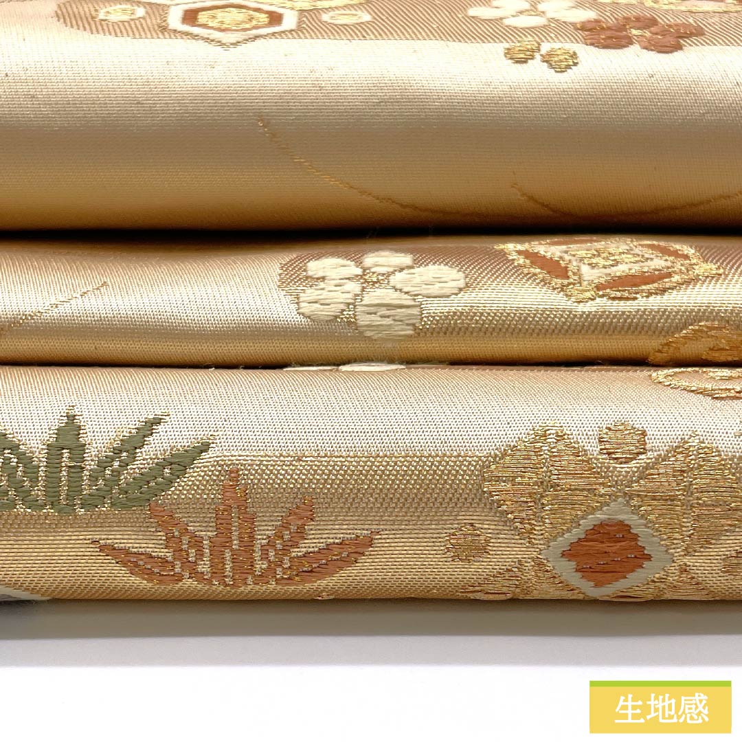 袋帯 正絹 胡桃色（くるみいろ） 留袖用 宝尽くし 花唐草 帯丈430cm Sランク 六通 フォーマル ベージュ系 1123013582325