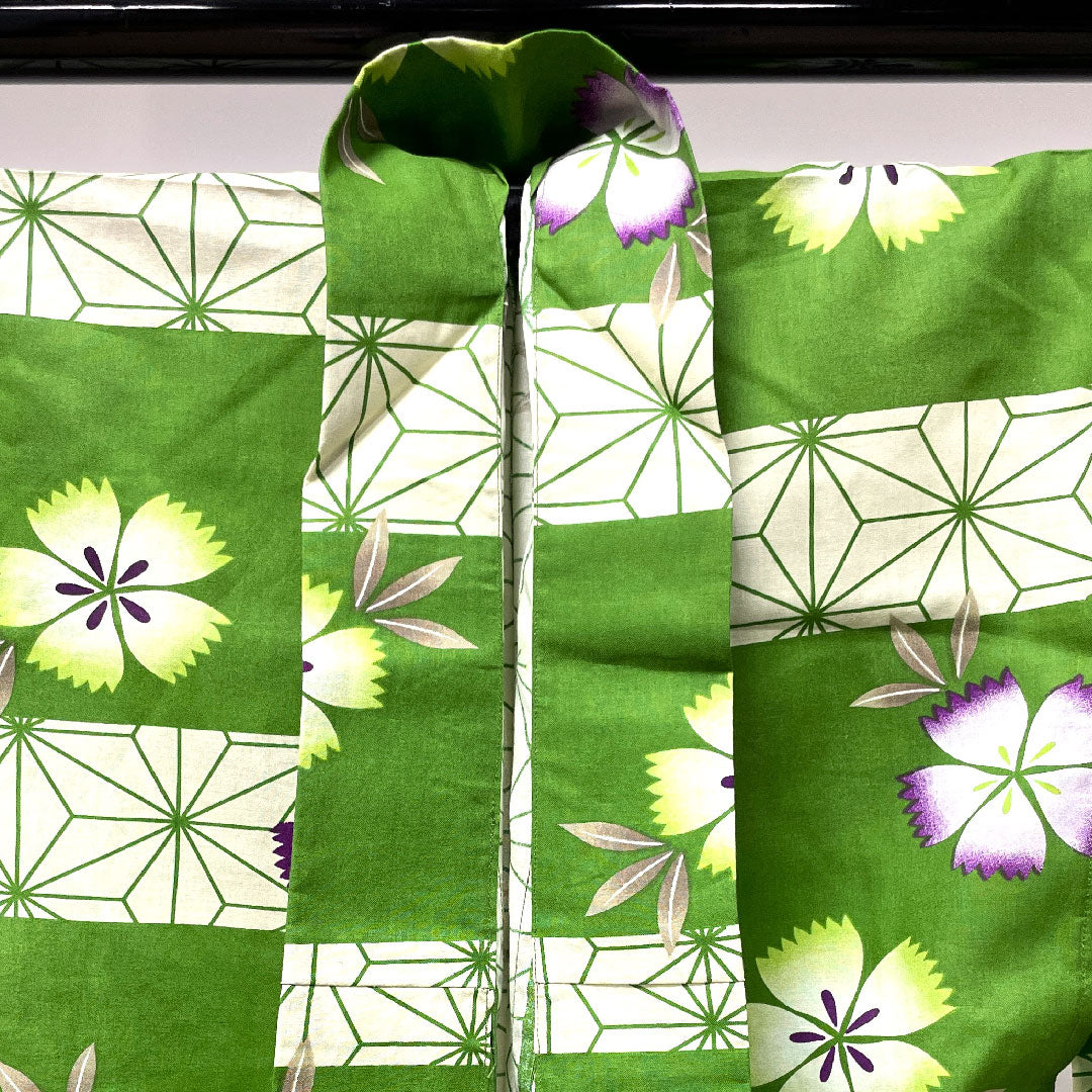 浴衣 常盤色 撫子 麻の葉 木綿 Sランク 単衣 身丈165.5cm 裄丈66cm 緑系 1118002722519