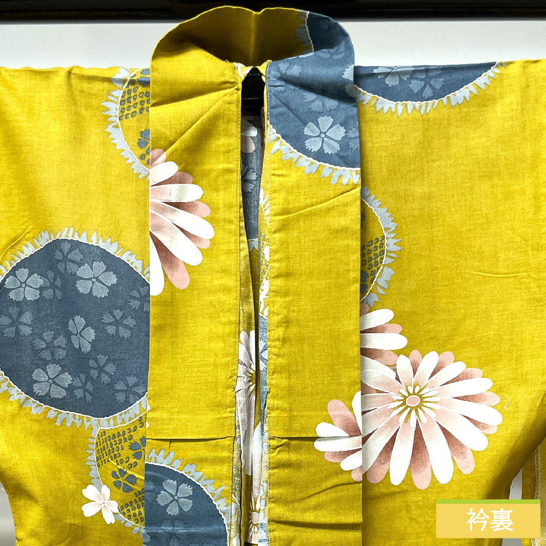 Yukata Cotton Length 161.5cm Sleeve length 65cm S rank Single layer Yellow Hajiiro Gerbera Cherry Blossom Pink 1118004492423