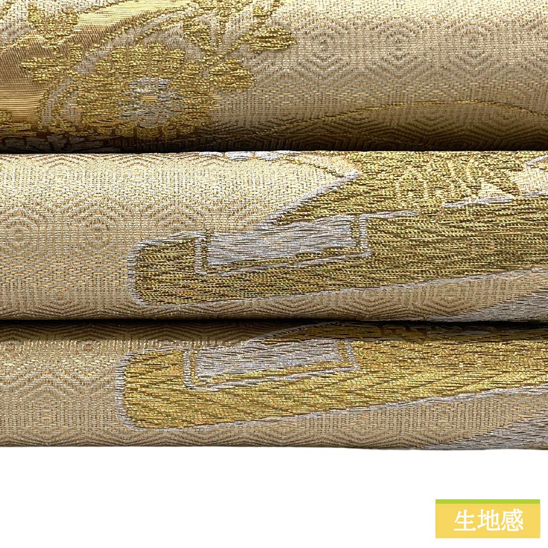 袋帯 正絹 Sランク 西陣織 流水 草花 帯丈408cm 六通 フォーマル 金系 1123017572321