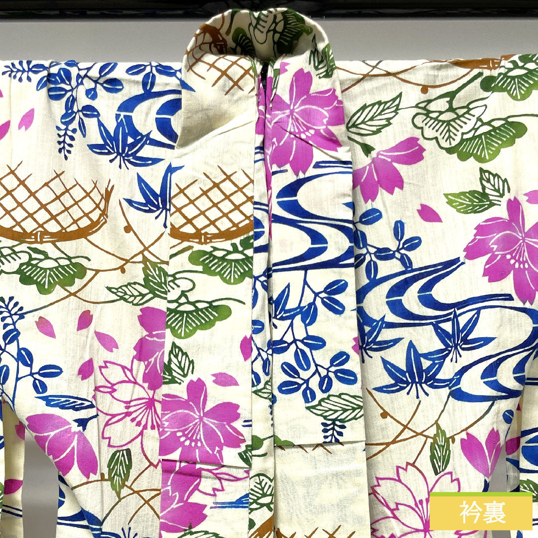 浴衣 綿麻 身丈159cm 裄丈66cm Sランク 単衣 白系 乳白色（にゅうはくしょく） 源氏物語 型染 桜 1118004782311