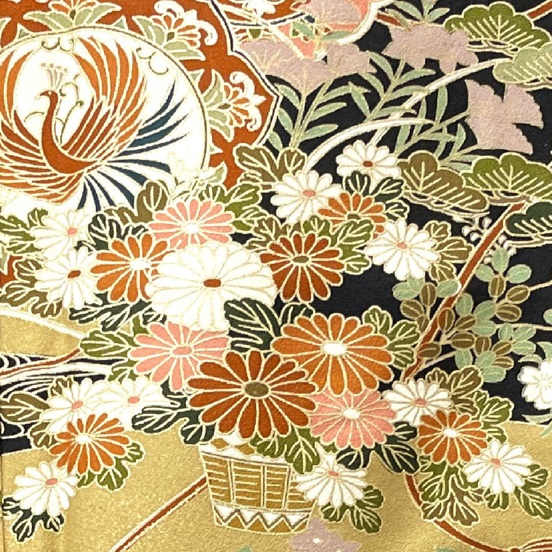 黒留袖 身丈163.5cm 裄丈62.5cm 袷 京友禅 吉祥文様 丸に抱き沢瀉 正絹 Aランク 五つ紋 黒系 1111000633410