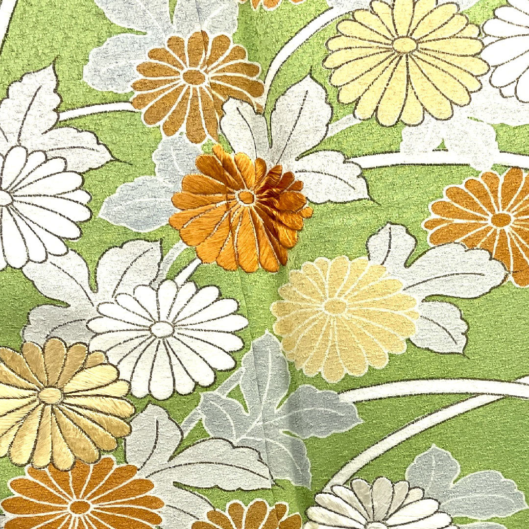 Homongi, lined, length 160cm, sleeve length 64cm, chrysanthemum, pure silk, S rank, green, 1112000332419