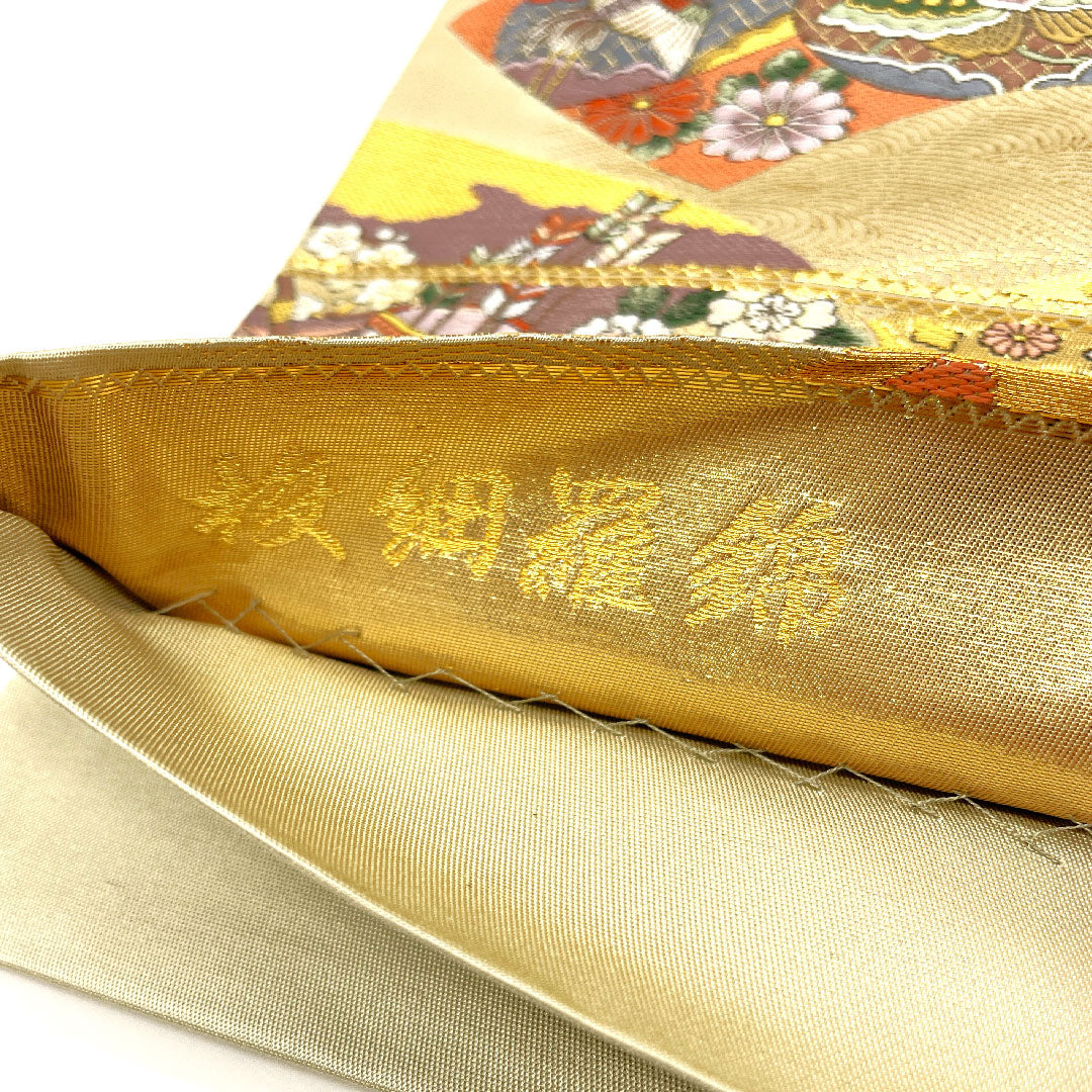 袋帯 吉祥文様 帯丈424cm 正絹 Sランク 六通 フォーマル 金系 1123002682321