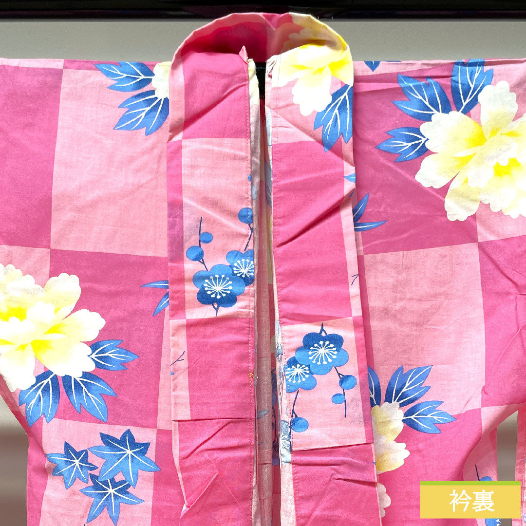 Yukata Cotton Length 165.5cm Sleeve length 66cm S rank Single layer Pink Checkered Peony Plum Autumn leaves 1118004652513