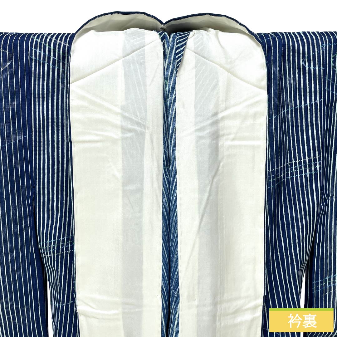 夏物 ポリエステル 小紋 Sランク 身丈153cm 裄丈63cm 呉須色（ごすいろ） 洗える着物 縞 流水 絽 紺系 1132007172218