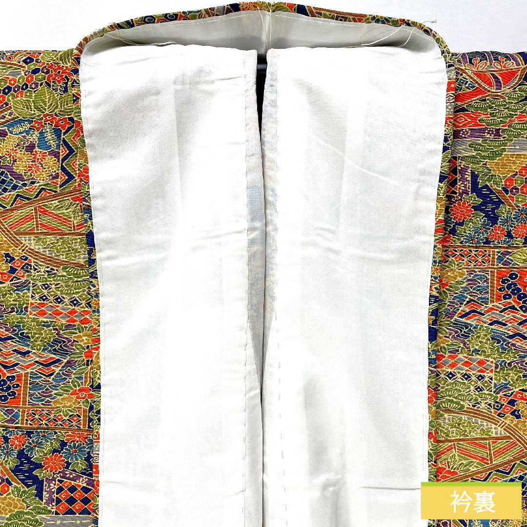 小紋 ポリエステル 身丈160cm 裄丈63.5cm 袷 紺藍色（こんあいいろ） 洗える着物 吉祥文様 Sランク 紺系 1115004612418