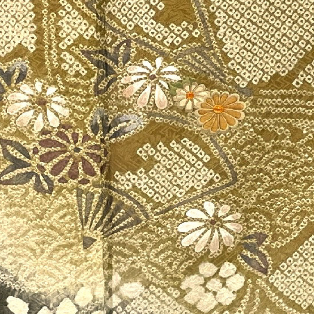 訪問着 袷 身丈167cm 裄丈69cm 総絞り 刺繍 吉祥文様 正絹 Sランク 黄系 1112000562523