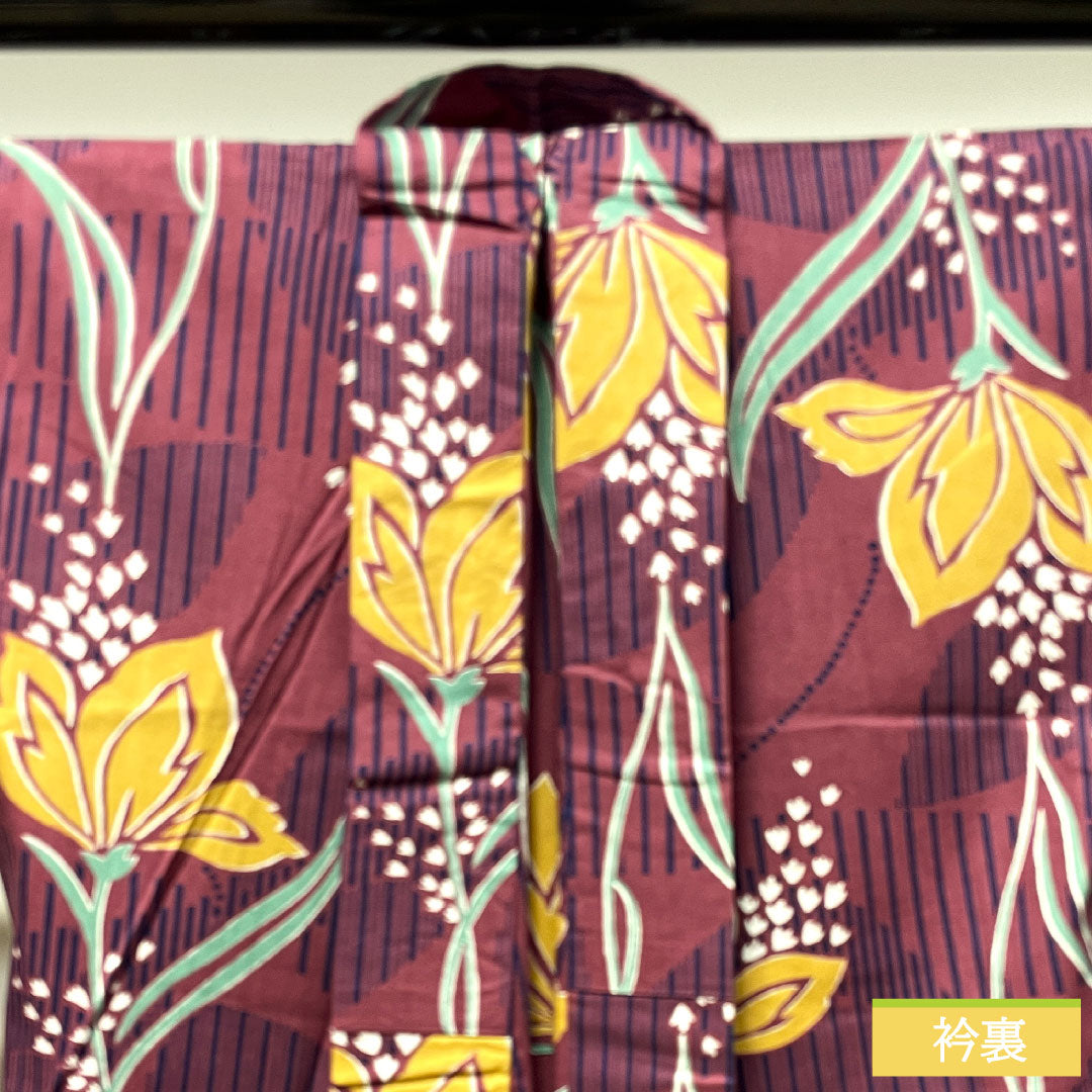 浴衣 木綿 身丈163cm 裄丈66cm Bランク 単衣 赤系 葡萄酒色（ぶどうしゅいろ） 抽象花 1118004774412