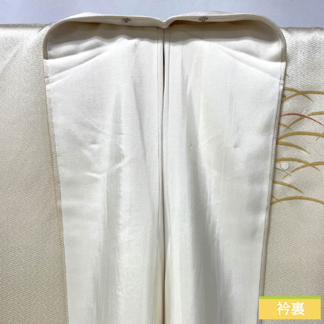 訪問着 正絹 Bランク 袷 身丈154.5cm 裄丈64cm 生成り色（きなりいろ） 福田喜重 人間国宝 一つ紋 上田家桐 刺繍 クリーム系 1112006824215