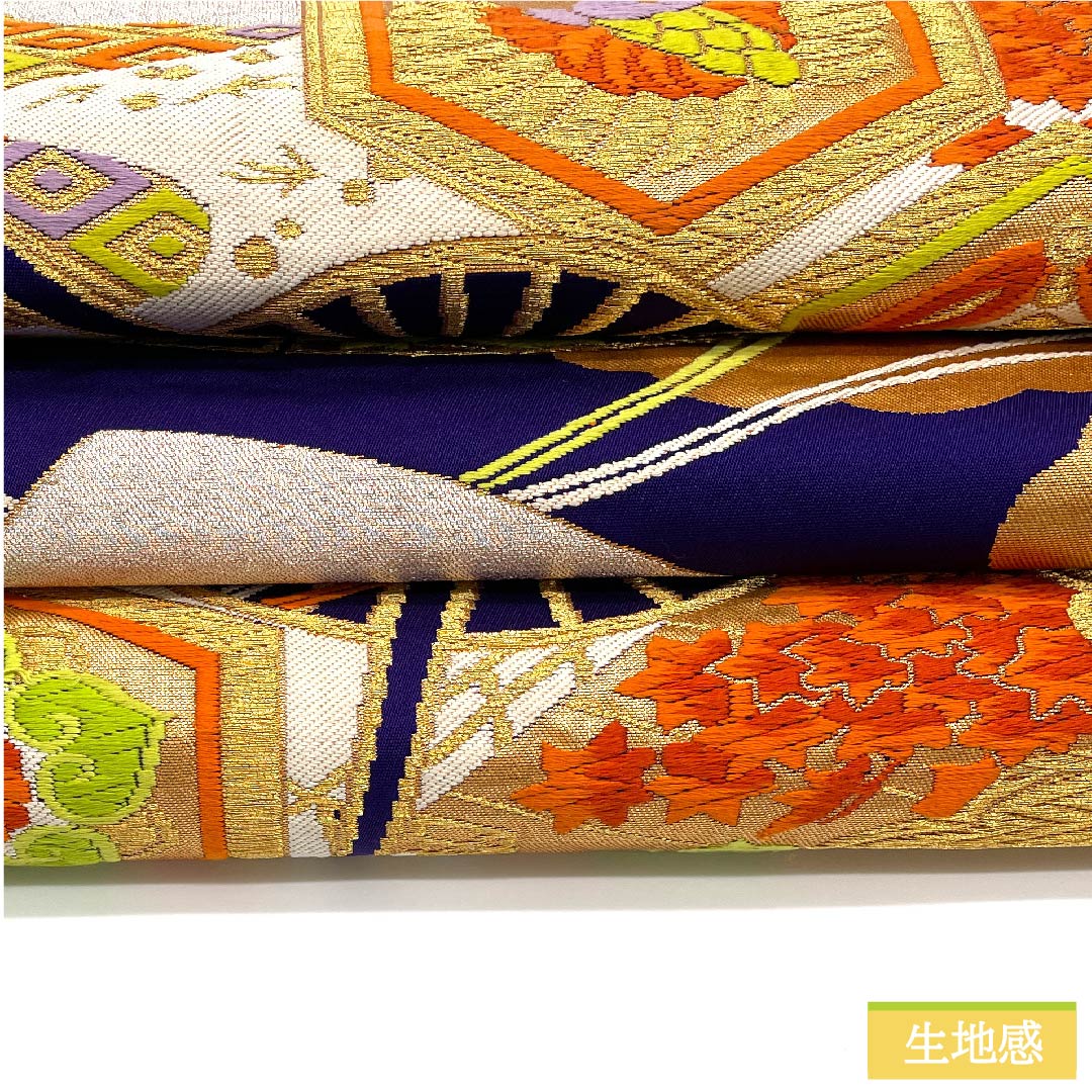 袋帯 正絹 青紫色（あおむらさきいろ） 扇面 亀甲 菊 菱 帯丈422cm Sランク 六通 フォーマル 紫系 1123011782320