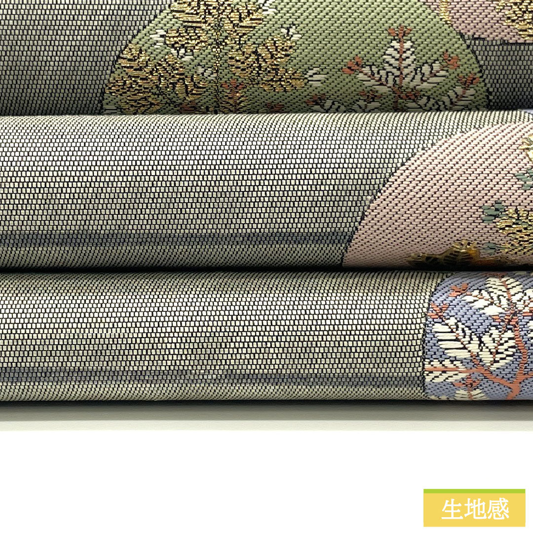 袋帯 正絹 Sランク 薄鼠色（うすねずいろ） 西陣織 引箔 丸輪に草花模様  帯丈440cm 六通 セミフォーマル グレー系 1123017022322