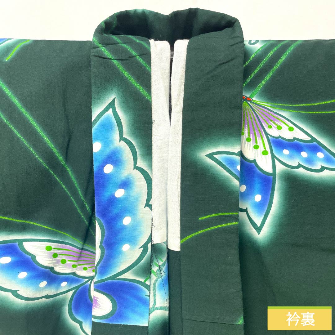 浴衣 木綿 身丈144cm 裄丈65cm Sランク 単衣 緑系 深緑色（ふかきみどりいろ） 蝶 1118005332119