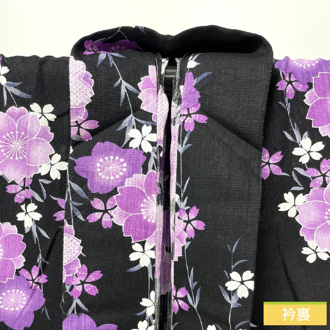 浴衣 綿麻 身丈165cm 裄丈69cm Aランク 単衣 黒系 しだれ桜 綿麻 1118006043510