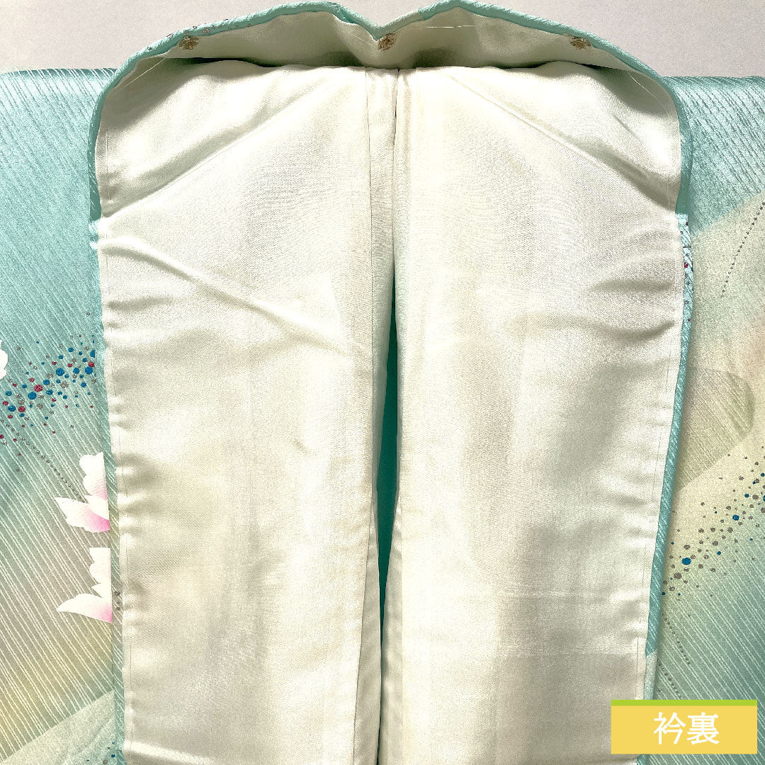 小紋 正絹 身丈157cm 裄丈63cm 袷 抽象花 銀彩加工 Sランク 水色系 1115004902324