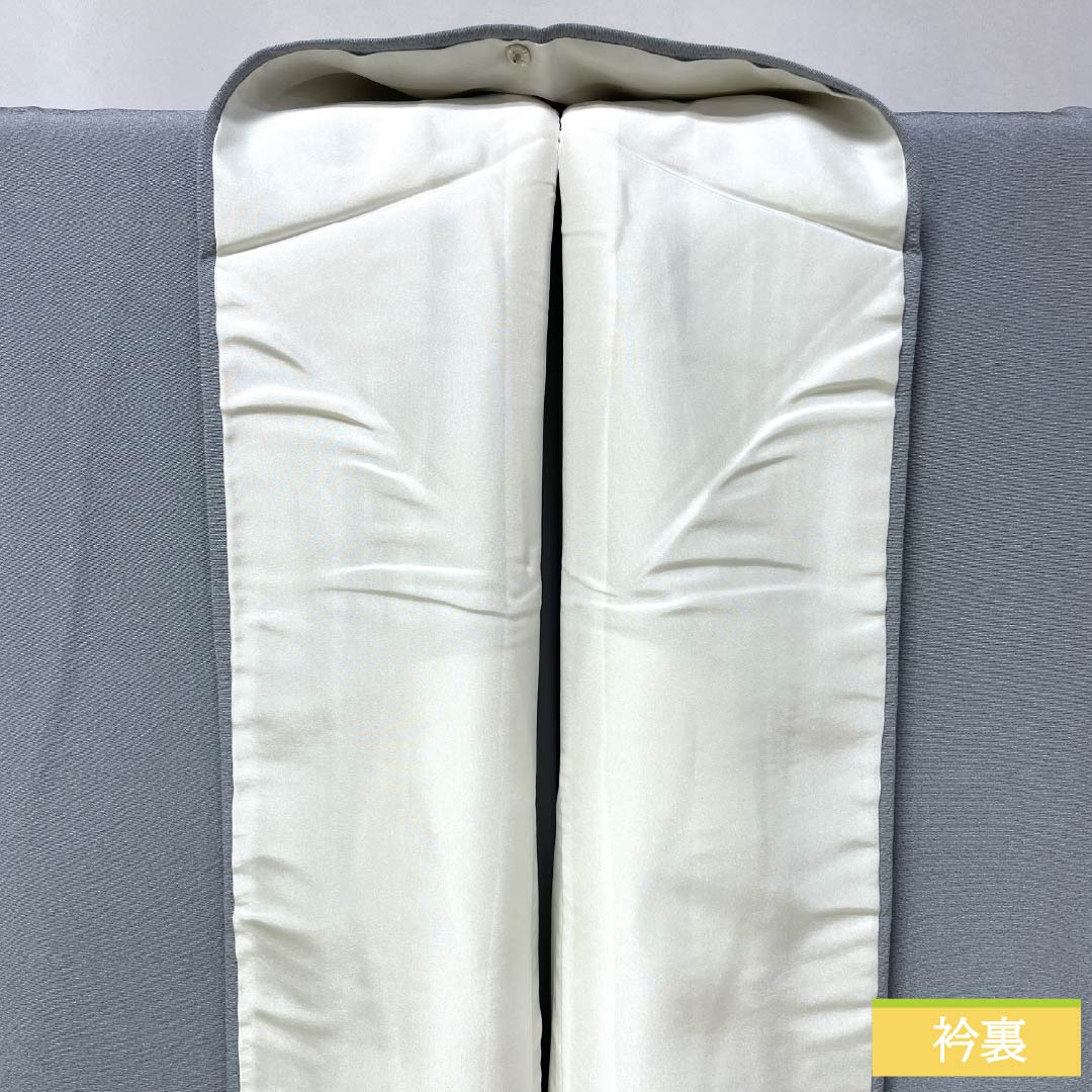 Solid-colored silk kimono, S-rank, length 157cm, sleeve length 65cm, sky blue-gray (sorairo-nezuiro) color, single crest, plum blossom design, Hama Chirimen, lined, gray, product code: 1114002422322