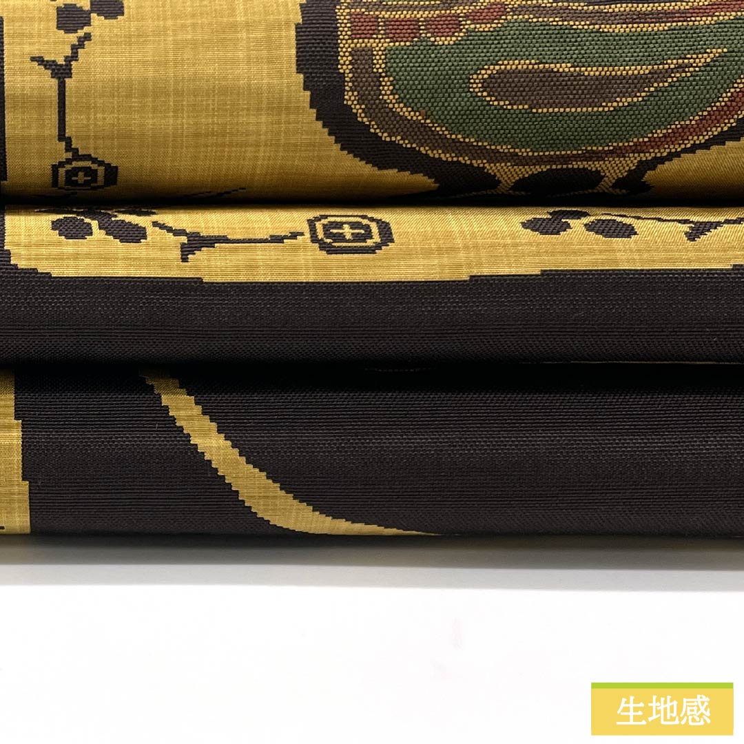 袋帯 正絹 土黒色（つちぐろいろ） 木屋太 今河織物 インカ鳥 帯丈430cm Sランク 六通 カジュアル 茶系 1123012362314