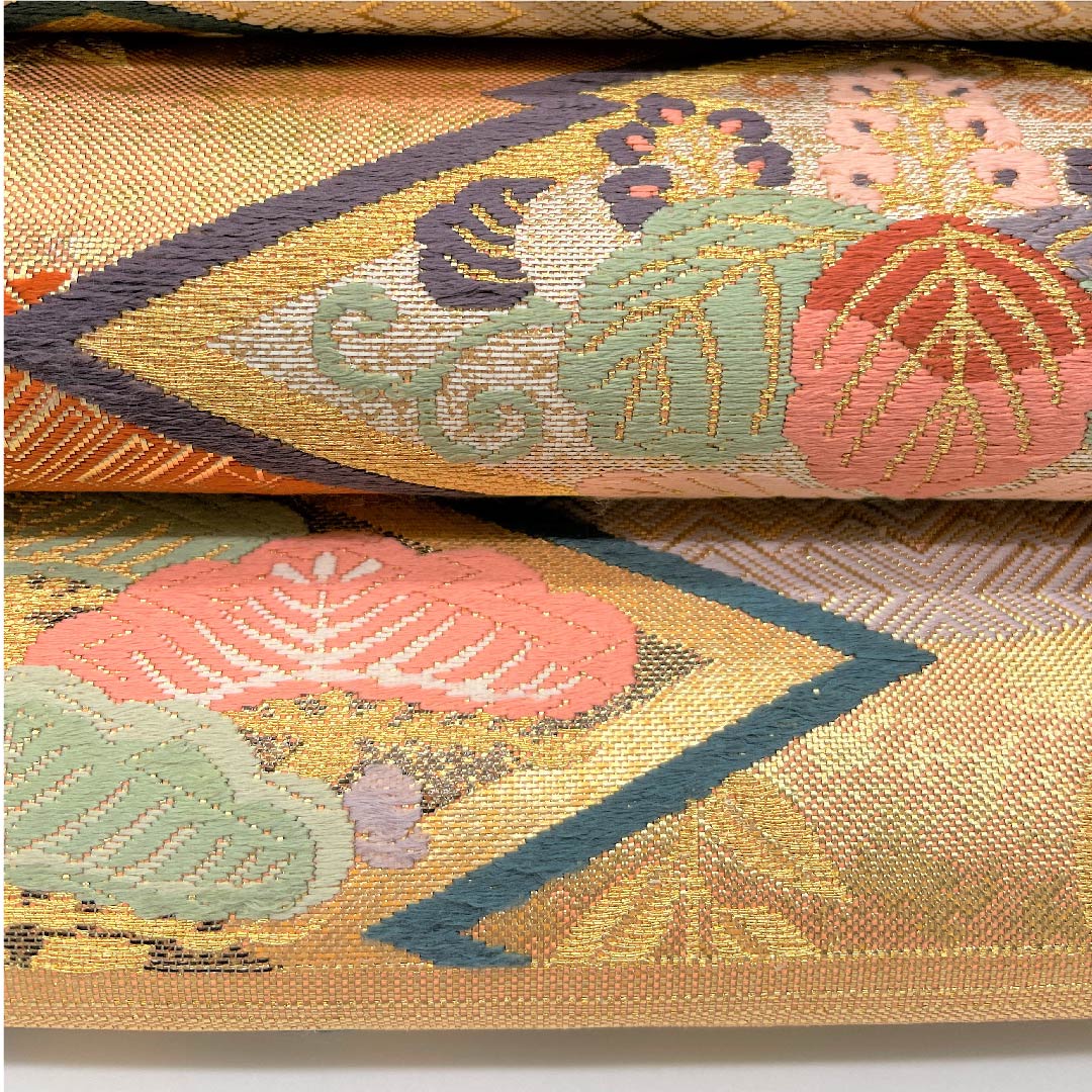 袋帯 金色 吉祥文様 帯丈442cm 正絹 Aランク 六通 フォーマル 金系 1123005443321