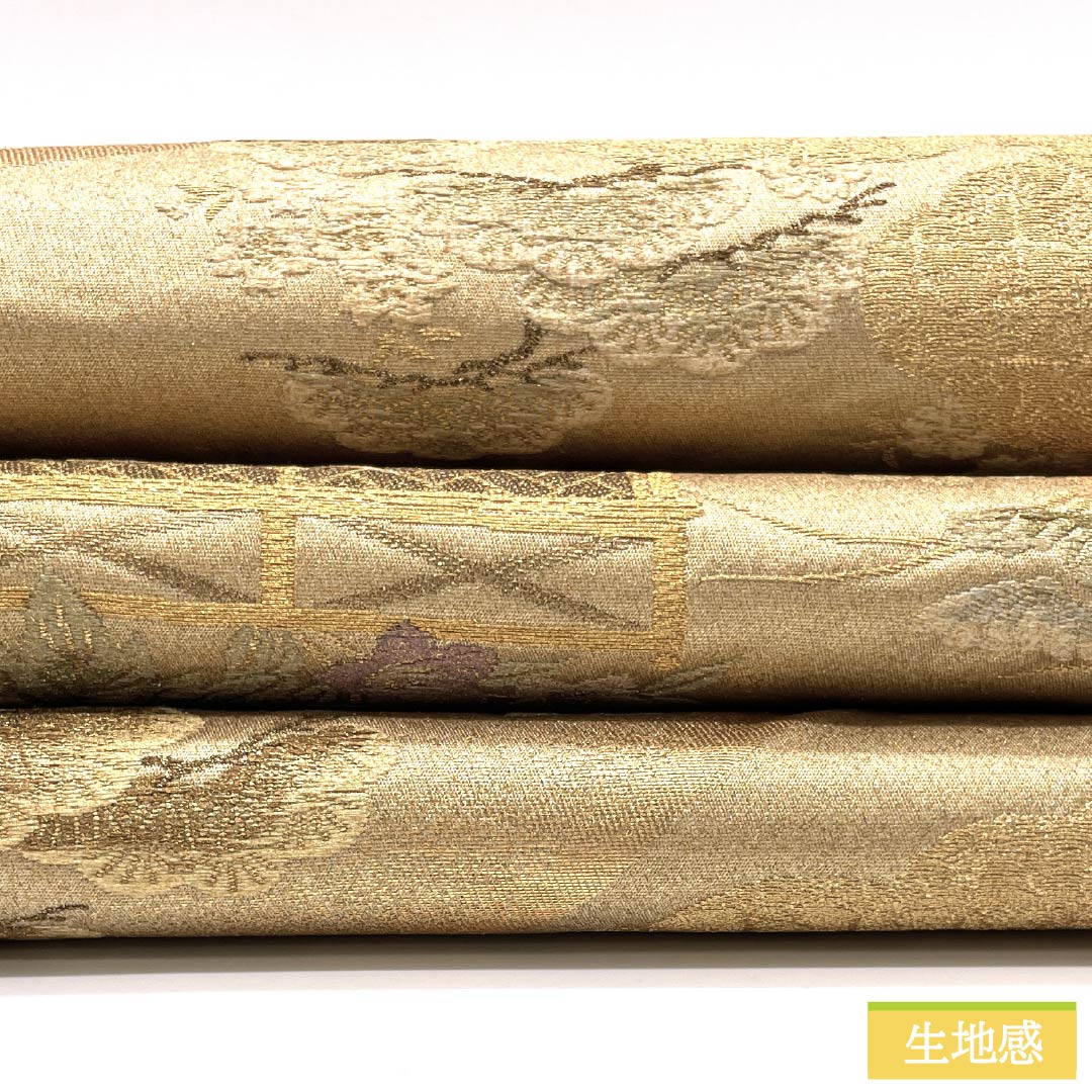 袋帯 正絹 留袖用 花車 牡丹 風景 帯丈418cm Sランク 六通 フォーマル 金系 1123014612321