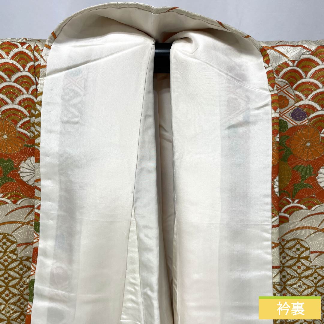 Visiting Kimono, Pure Silk, A-Rank, Lined, Length 164cm, Sleeve Length 62cm, Red-Orange, Kyoto Yuzen, Auspicious Design, Chrysanthemum, Seigaiha, Orange, Item Number 1112006593426