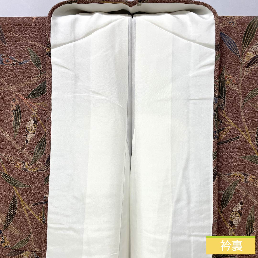 小紋 正絹 身丈162.5cm 裄丈64cm 袷 栗梅色（くりうめいろ） 型染 枝 更紗 しつけ糸付き Sランク 茶系 1115005622414