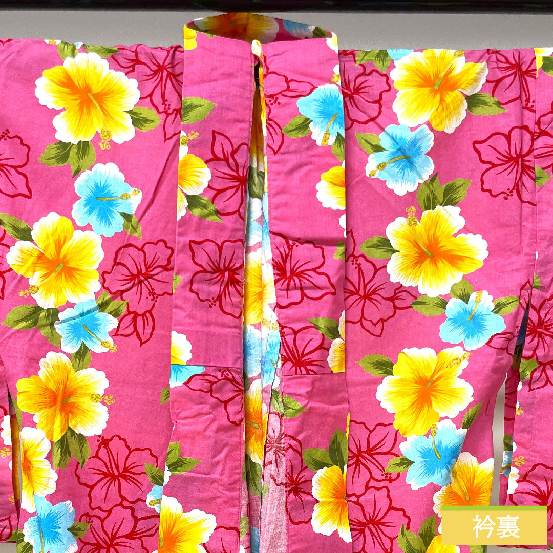 Yukata Cotton Length 162cm Sleeve length 66.5cm S rank Single layer Pink Hagi-iro (Hagi-iro) Hibiscus 1118005072413