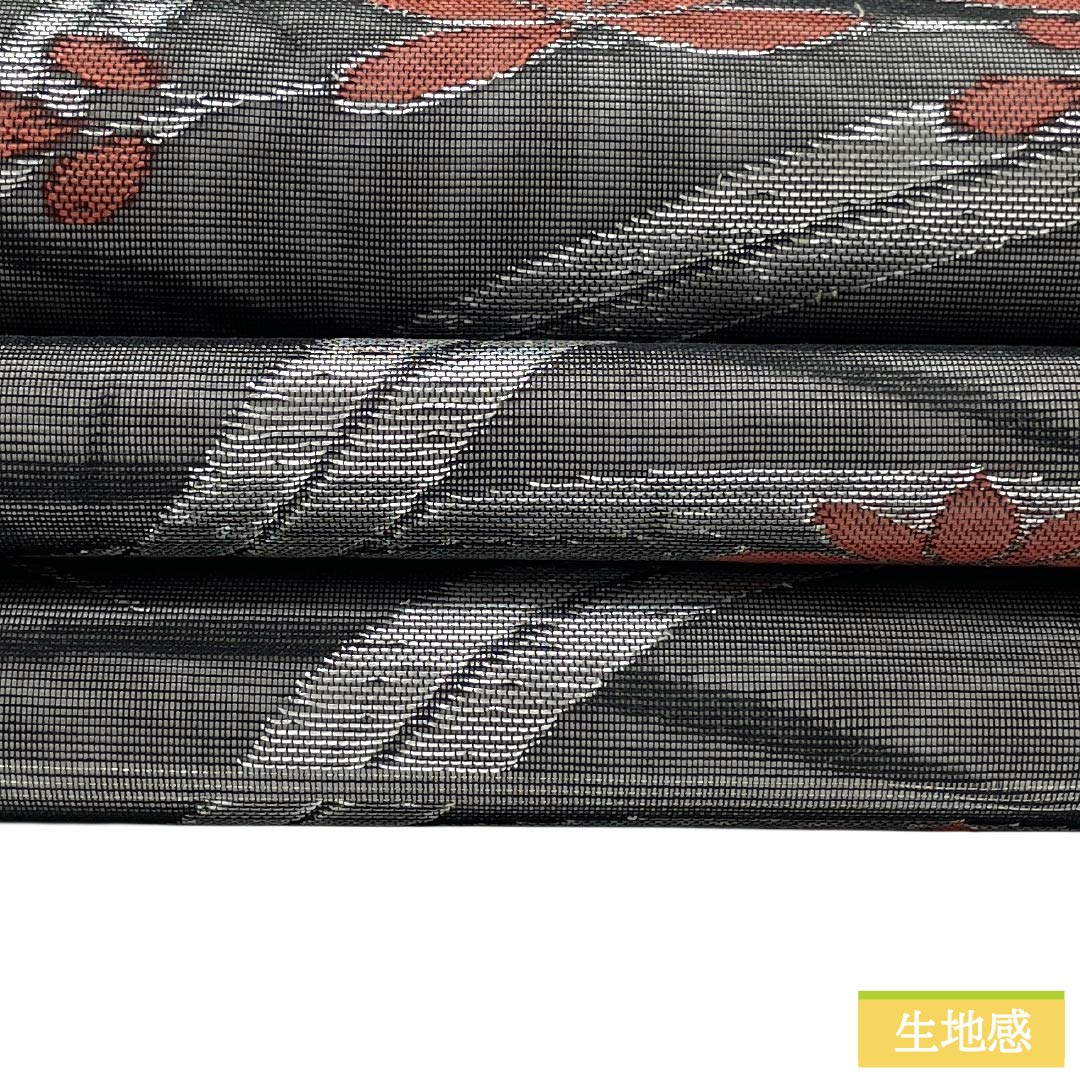 名古屋帯 正絹 Aランク 開き仕立て 黒色（くろいろ） 夏帯 草花模様 帯丈353cm 六通 セミフォーマル 黒系 1124012933310
