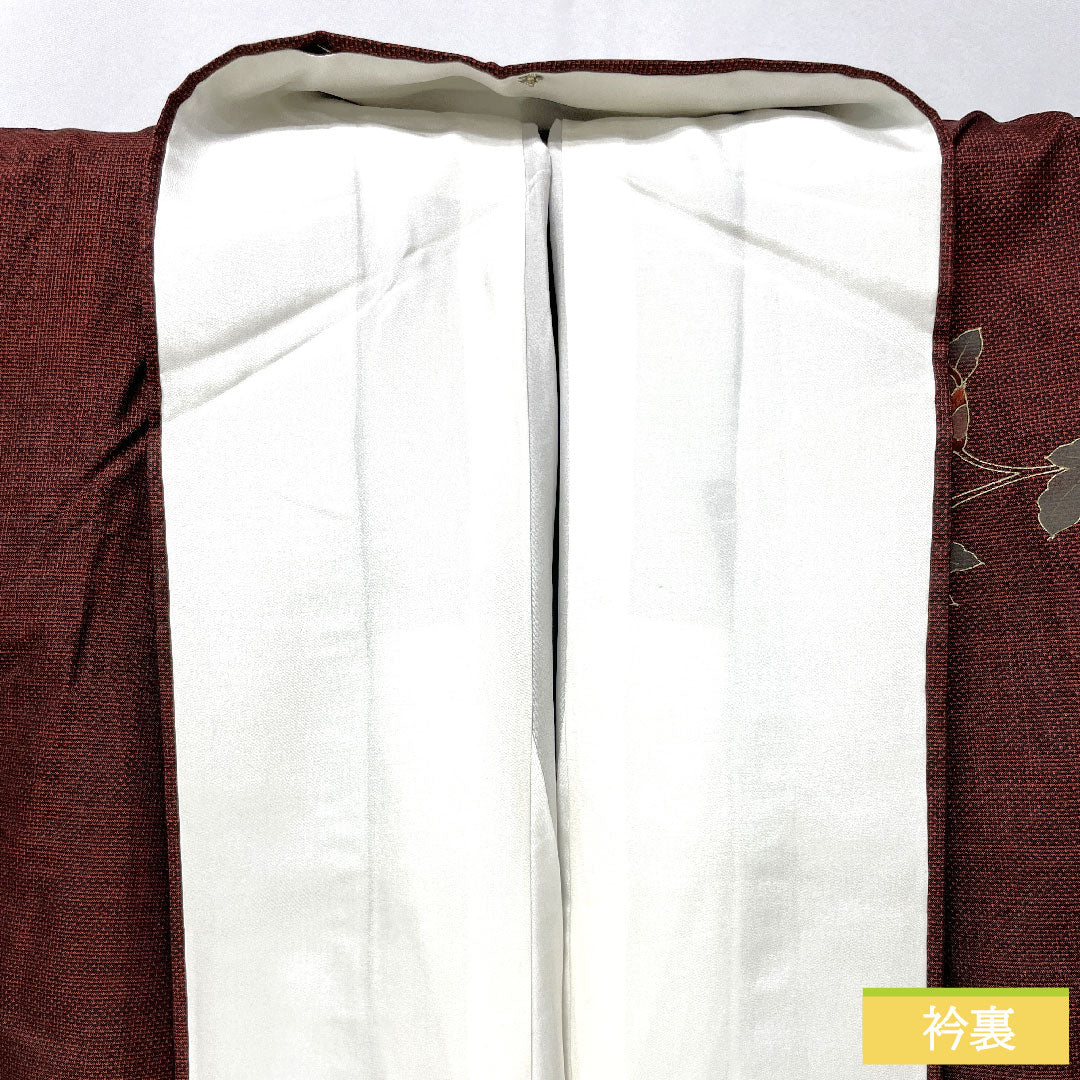 訪問着 正絹 袷 身丈158.5cm 裄丈65cm 生臙脂色（しょうえんじいろ） 大島紬地 紬地 蘇州刺繡 草花模様 Aランク 赤系 1112005493312