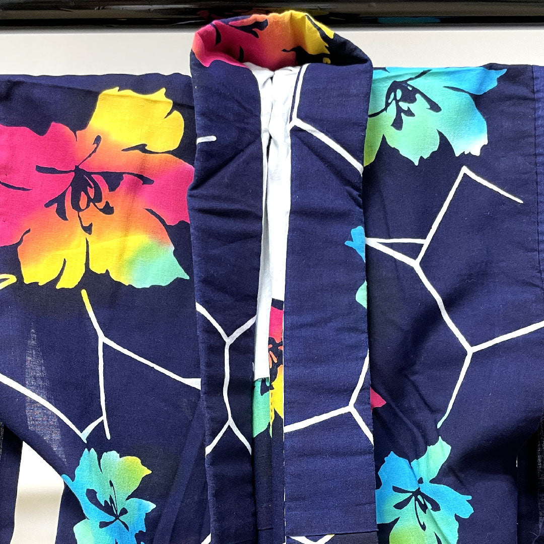 浴衣 濃紺色 抽象花 木綿 Sランク 単衣 身丈152cm 裄丈63.5cm 紺系 1118003392218