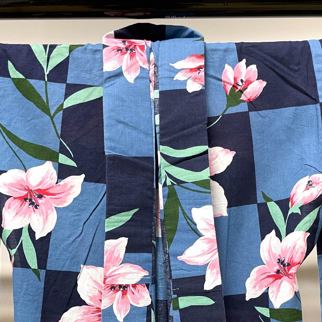 Yukata, dark blue, imitation saffron, checkered pattern, cotton, S rank, single layer, length 161cm, sleeve length 65.5cm, navy blue, 1118004112418