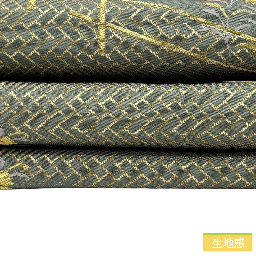 袋帯 正絹 Sランク 利休鼠色（りきゅうねずみいろ） 西陣織 垣根 草花 帯丈428cm 六通 セミフォーマル 緑系 1123017662319