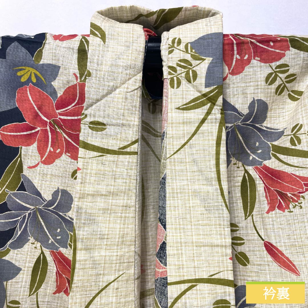 Yukata Cotton Linen Length 166.5cm Sleeve length 69.5cm A rank Single layer Beige Geouiro (Fang yellow) Lily Bellflower 1118005443525