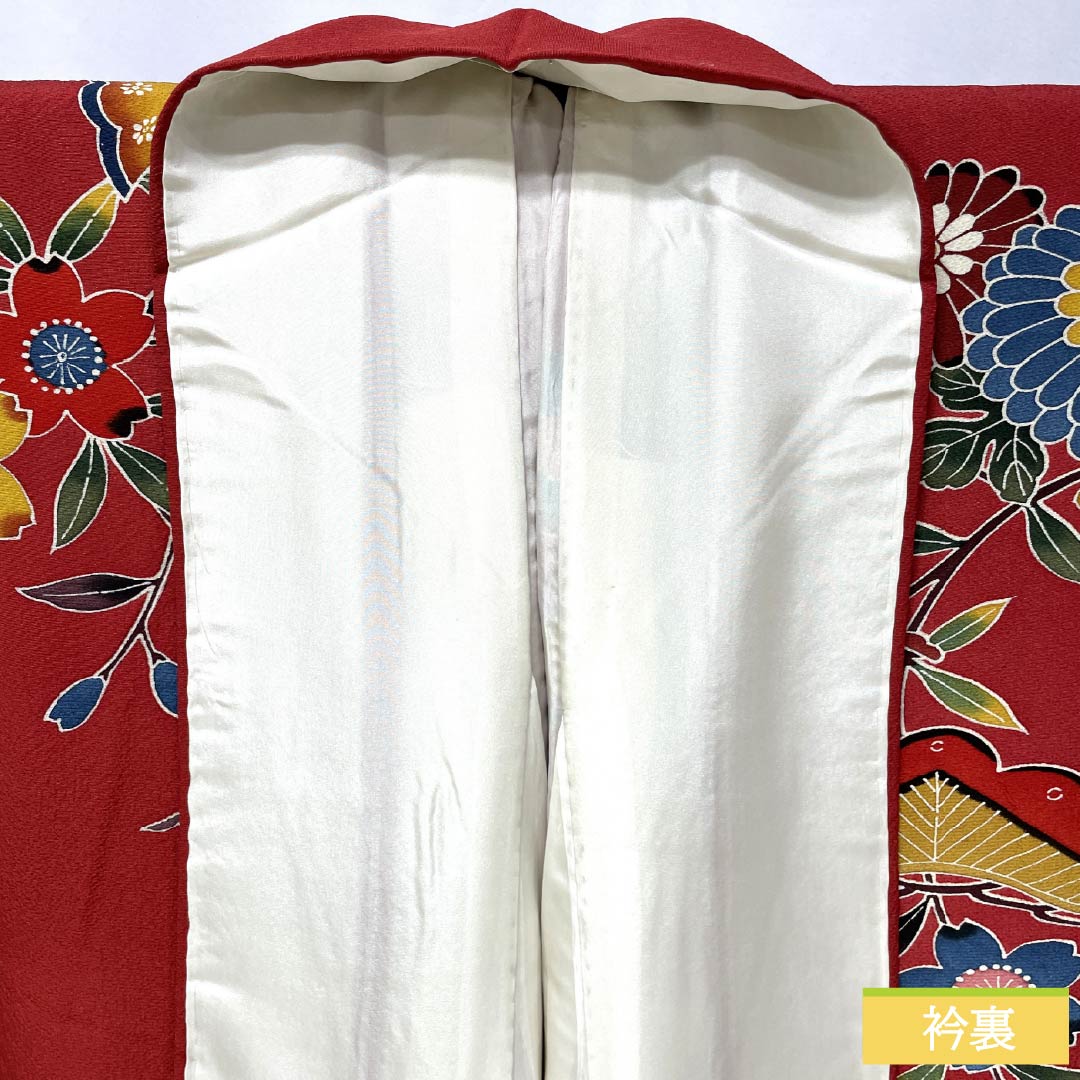 振袖 正絹 Sランク 身丈162cm 裄丈67.5cm 袷 柘榴色（ざくろいろ） 京紅型 吉祥文様 蝶 パールトーン加工 赤系 1113002392412