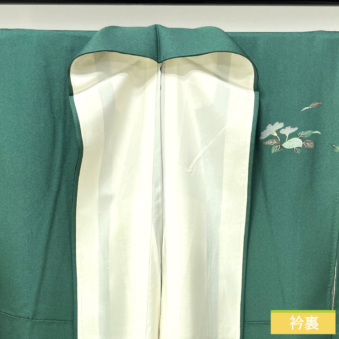Homongi, pure silk, lined, length 166cm, sleeve length 66cm, Satsuma Nandouiro, Kyo-Yuzen, floral pattern, A rank, green, 1112004243519