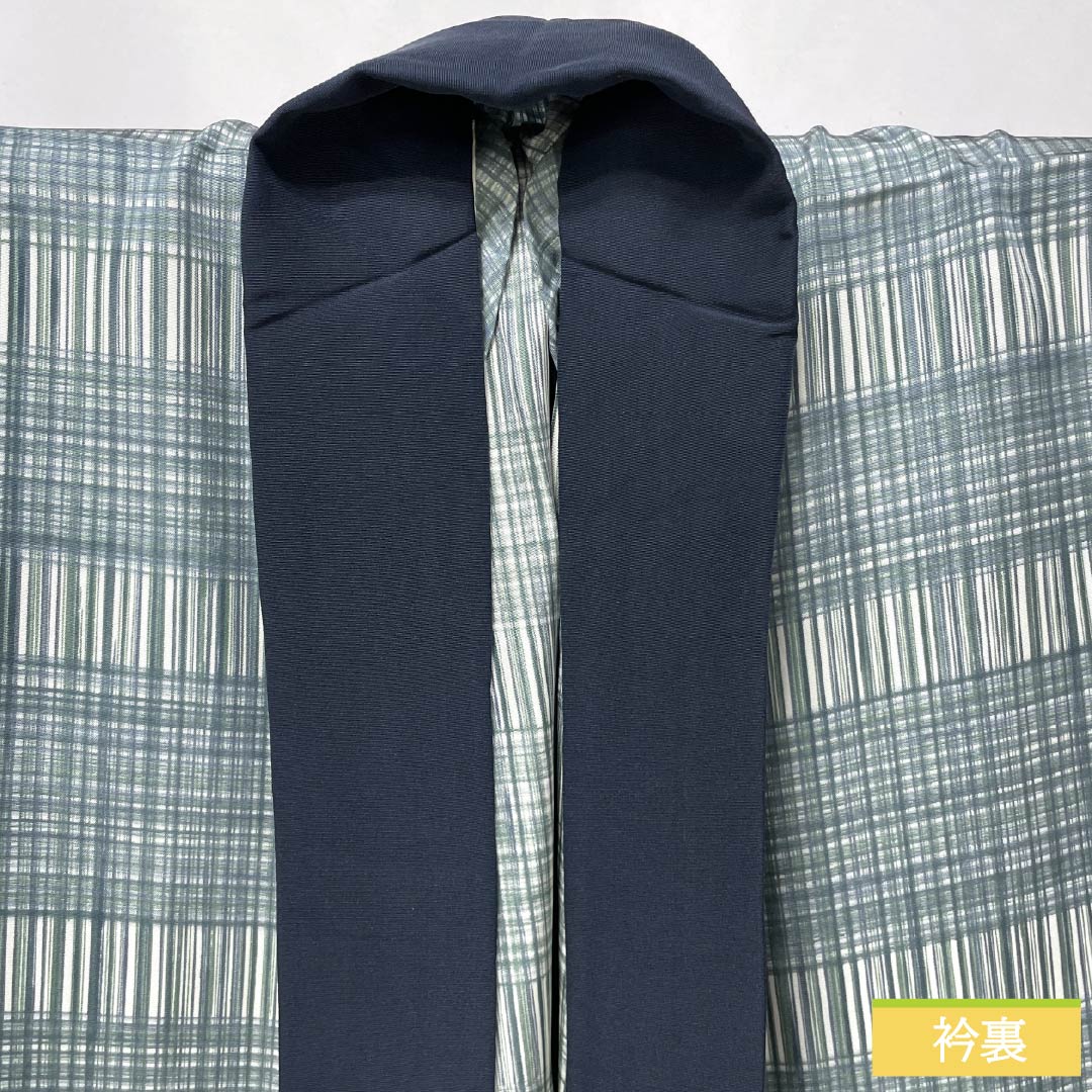 男物長襦袢 正絹 Sランク 身丈151cm 裄丈69cm 藍砥茶色（あいとのちゃいろ） チェック柄 単衣 水色系 1140000632524