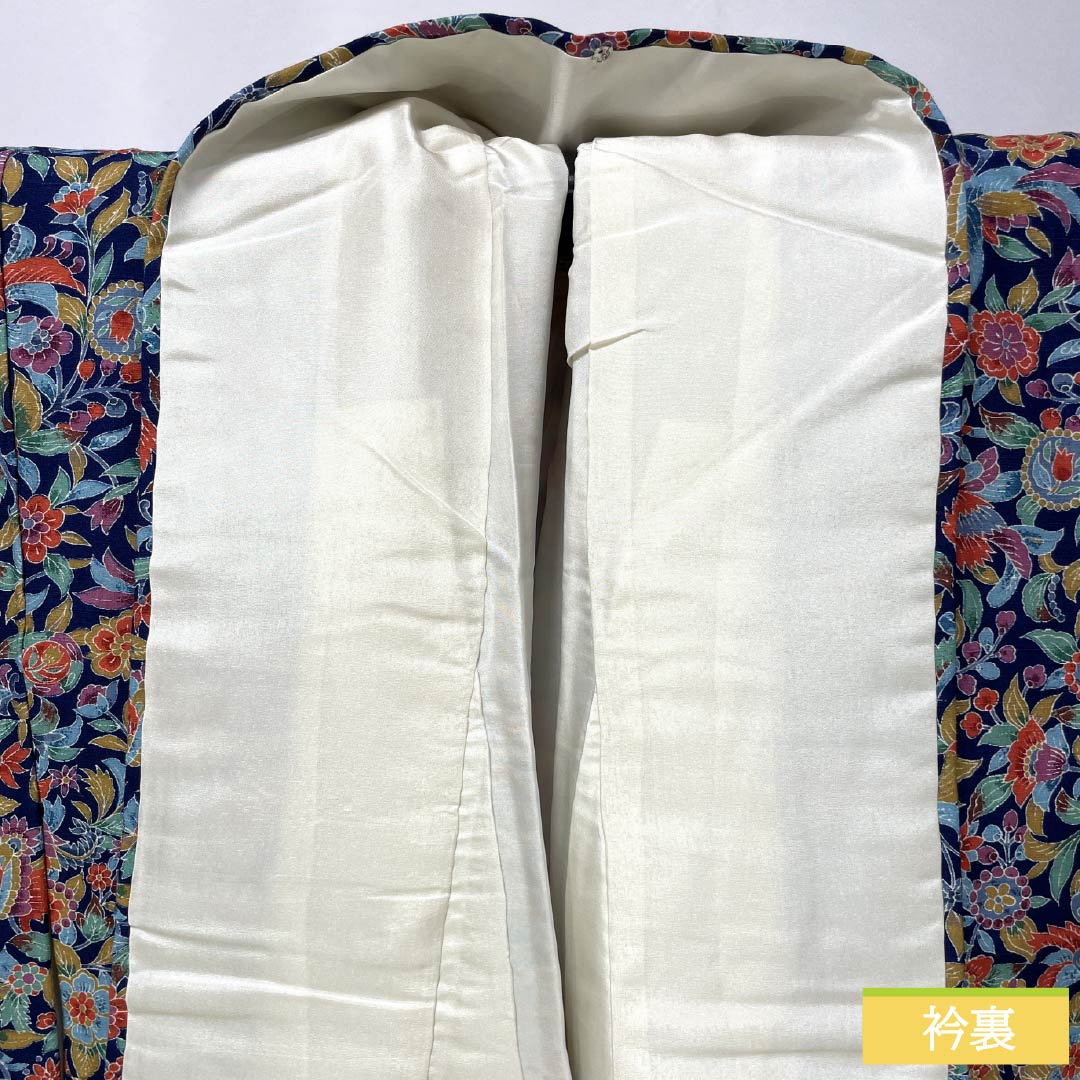 小紋 正絹 Sランク 身丈159cm 裄丈63cm 袷 紺色（こんいろ） 紬地 更紗 しつけ糸付き 紺系 1115007542318