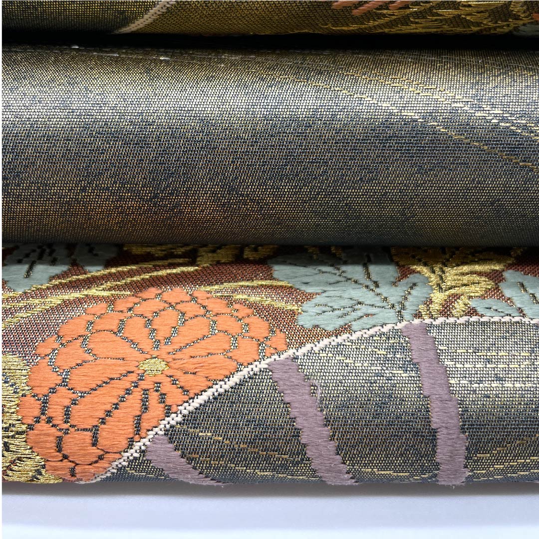 （未仕立）袋帯 金色 扇面 花模様 帯丈443cm 正絹 Sランク 六通 フォーマル 金系 1123005932321