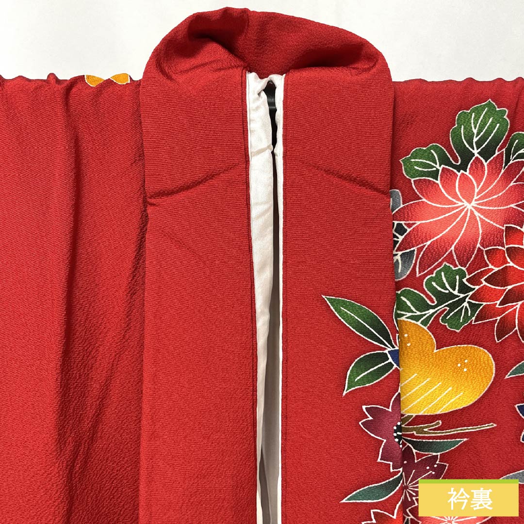 振袖 正絹 Sランク 身丈157.5cm 裄丈65.5cm 袷 紅赤色（べにあかいろ） 京紅型 吉祥文様 松 桜 赤系 1113002312312