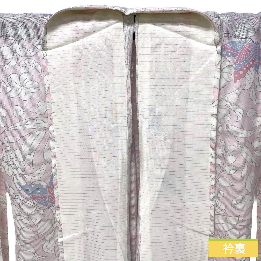 夏物 ポリエステル 小紋 Aランク 身丈160.5cm 裄丈63.5cm 桜色（さくらいろ） 洗える着物 辻ヶ花 蝶 絽 ピンク系 1132006353413