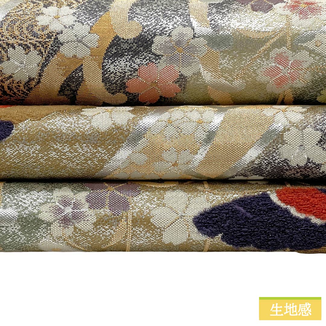 袋帯 正絹 Sランク 西陣織 桜 蝶 帯丈434cm 六通 フォーマル 銀系 1123017992322