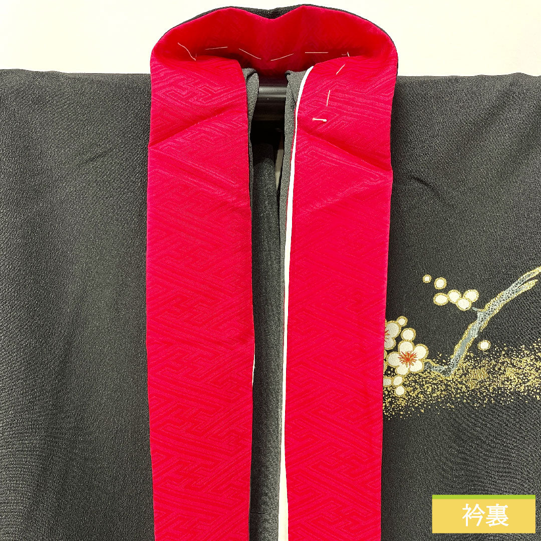 訪問着 ポリエステル 胴抜き 身丈160cm 裄丈64.5cm 洗える着物 梅 重ね衿付き Aランク 黒系 1112005653410