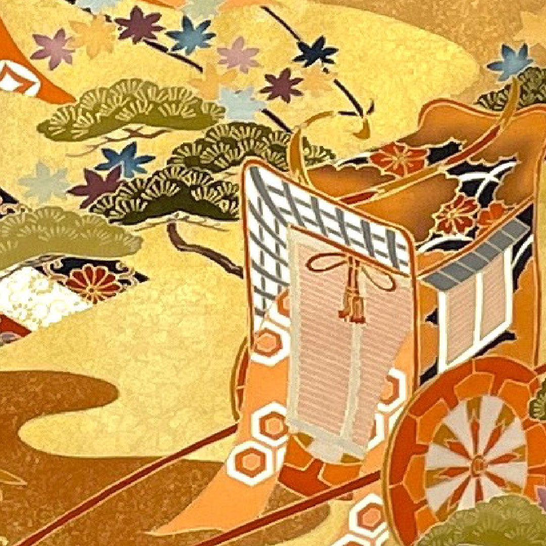 Black formal kimono, length 161.5cm, sleeve length 64cm, lined, Kyoto Yuzen, Imperial carriage, quince, pure silk, S rank, five crests, black, 1111000272410