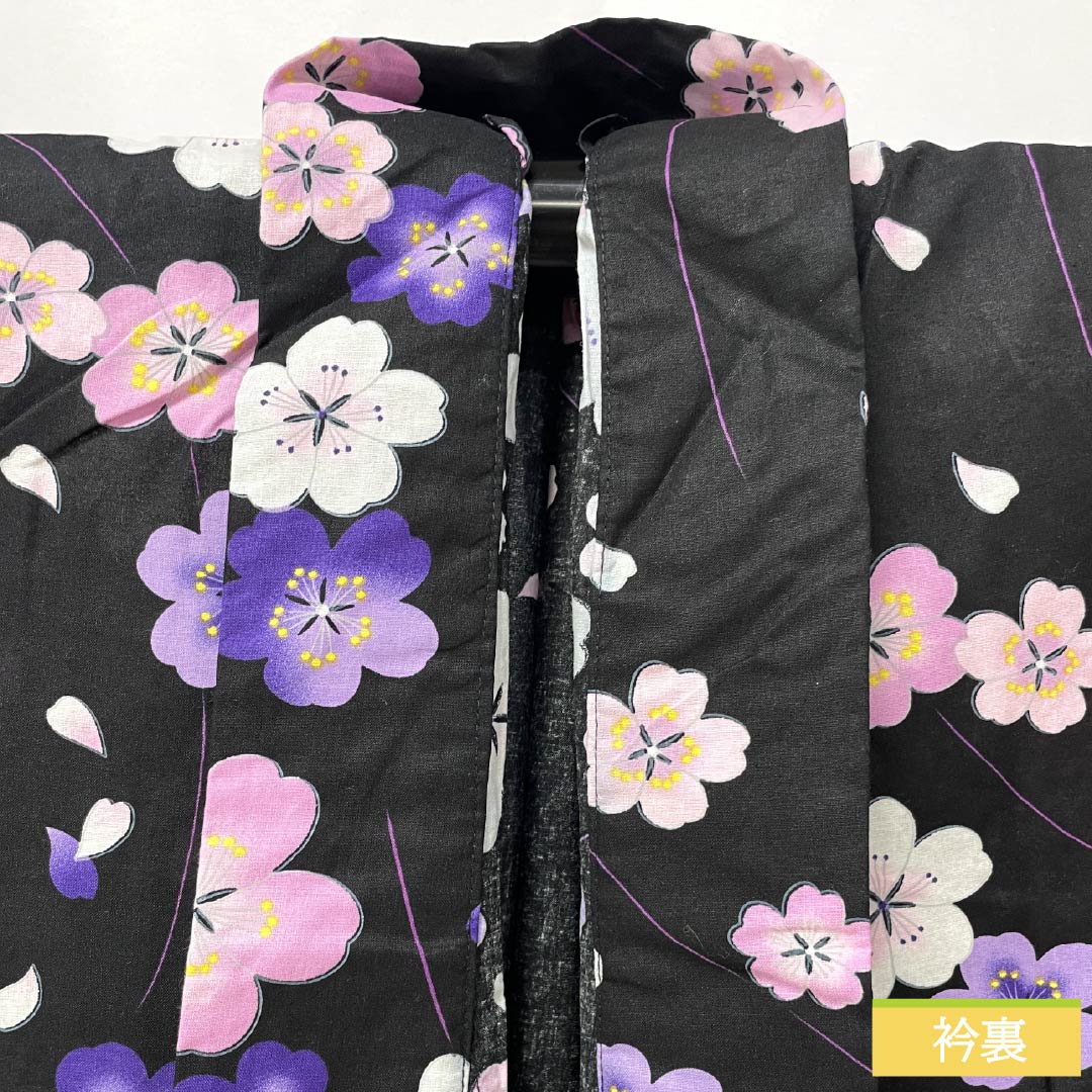 Cotton Yukata, Length 166.5cm, Sleeve Length 62.5cm, S Rank, Single Layer, Black, Cherry Blossom Design, 1118005932510