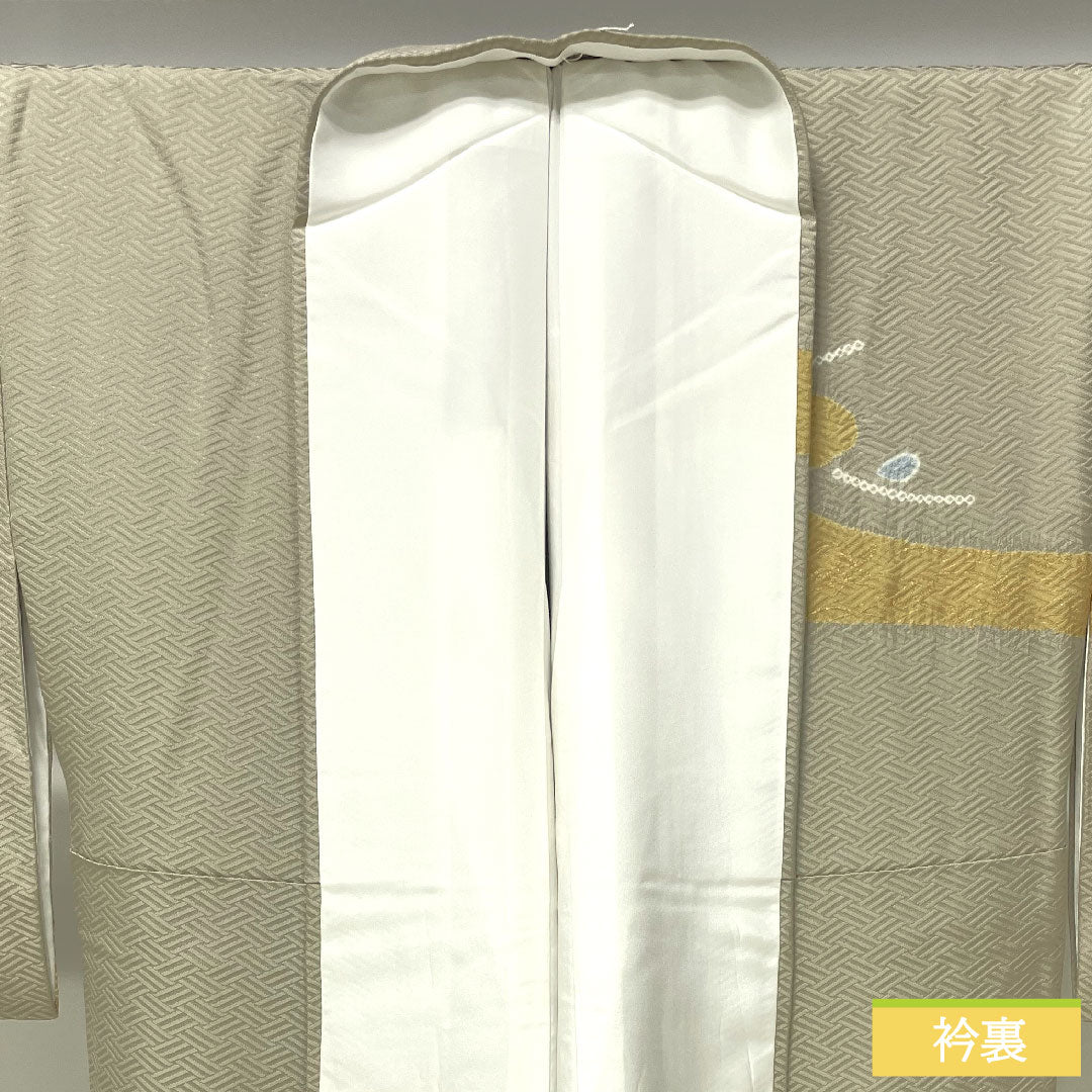 訪問着 正絹 袷 身丈163cm 裄丈67.5cm 蠟色（ろういろ） 絞り 抽象模様 一つ紋 剣片喰 縫い紋 Sランク ベージュ系 1112004492425