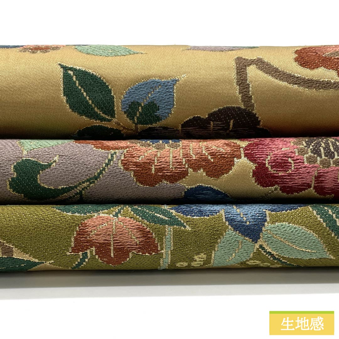 袋帯 正絹 山吹色（やまぶきいろ） 留袖用 白綾苑大庭 牡丹 桔梗 帯丈434cm Sランク 六通 フォーマル ベージュ系 1123014192325