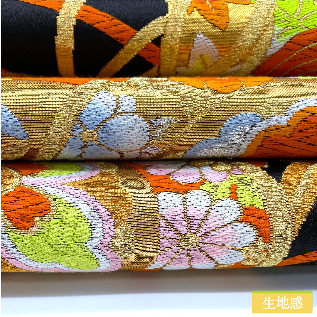 Fukuro Obi, Pure Silk, Black, Drum, Tortoise Shell, Shippo, Autumn Leaves, Length 424cm, S Rank, Six-way, Formal, Black, 1123011802310