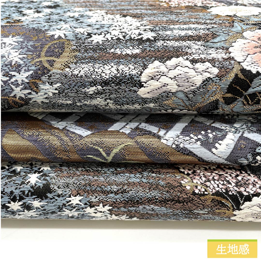 袋帯 正絹 黒色（くろいろ） 九百錦 高原有情 風景 花模様 帯丈426cm Sランク 六通 フォーマル 黒系 1123012042310